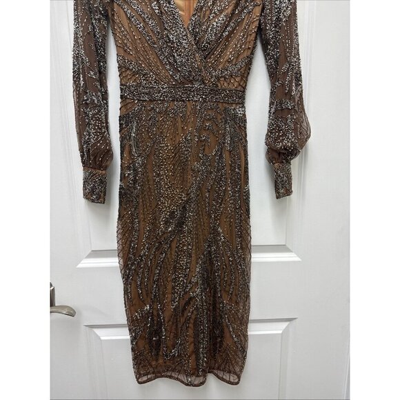 MAC DUGGAL Size 0 Brown 5295 BEADED LONG SLEEVE MIDI COCKTAIL Party DRESS  New - Picture 7 of 11